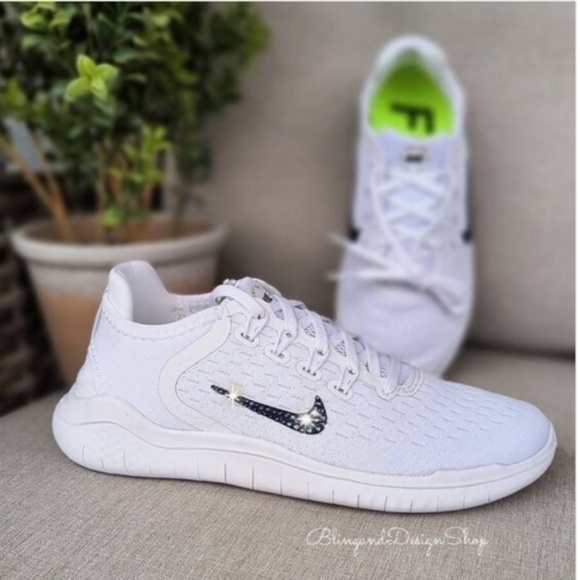 Women's Nike Free RN 2018 White Sneakers Customized with Crystal Rhinestones